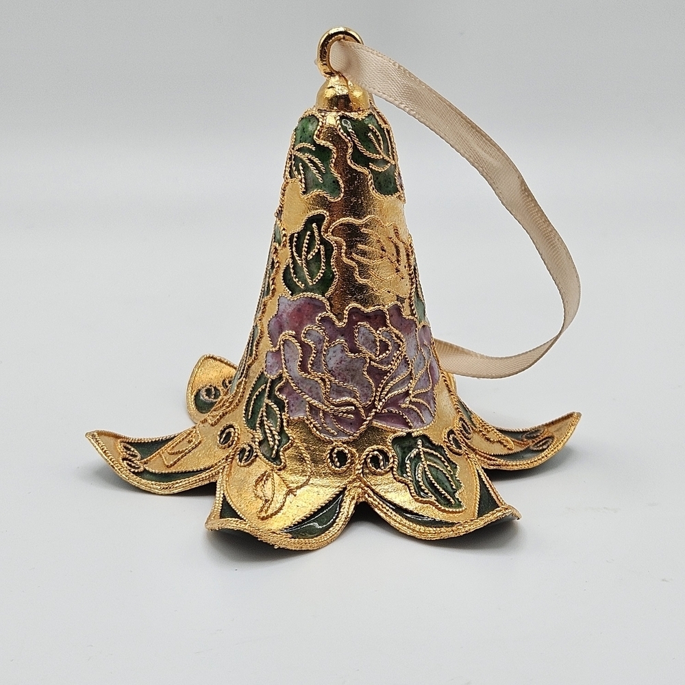 VINTAGE Cloisonne Victorian Flowers Gold Tone Curved Petal Bottom Bell Ornament